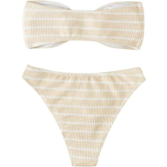 2 Piece Striped Swimsuit Strapless High Waisted Thong Bikini Set Bathing Suit - Picture 2 of 4